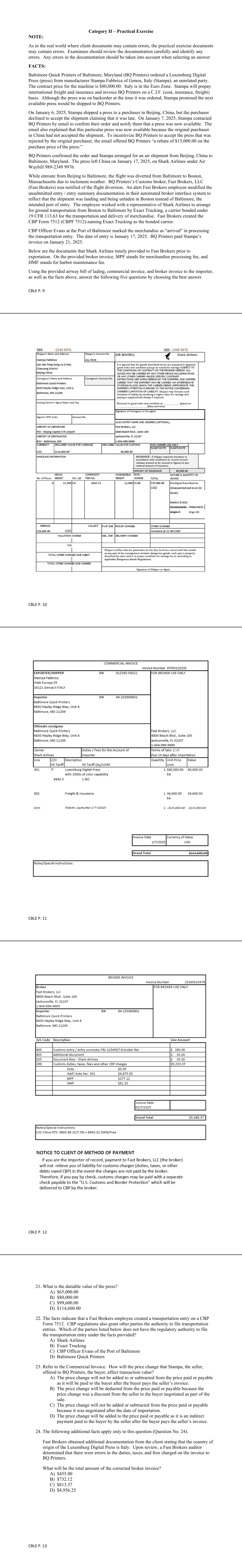 Practical Exercise exhibits: air waybill, commercial invoice (Stampa Fabbrica) and broker invoice (Fast Brokers, LLC); Shared exhibit for Q21-25 on PDF pp.9-12; exported pages: PDF pp.9-13