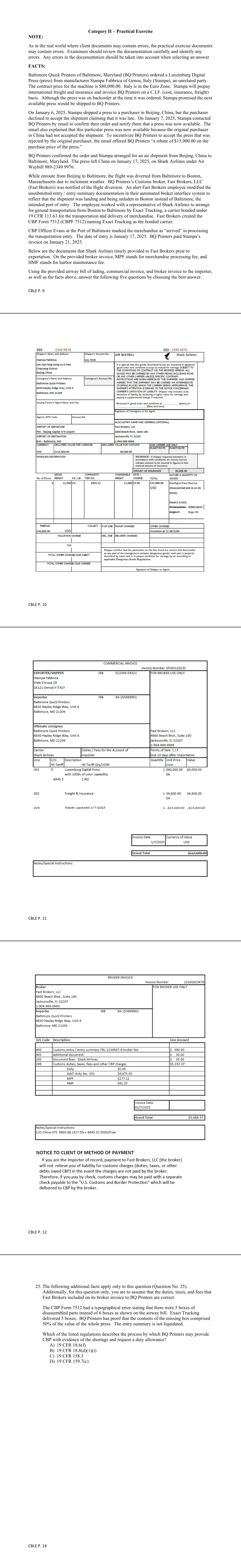 Practical Exercise exhibits: air waybill, commercial invoice (Stampa Fabbrica) and broker invoice (Fast Brokers, LLC); Shared exhibit for Q21-25 on PDF pp.9-12; exported pages: PDF pp.9,10,11,12,14