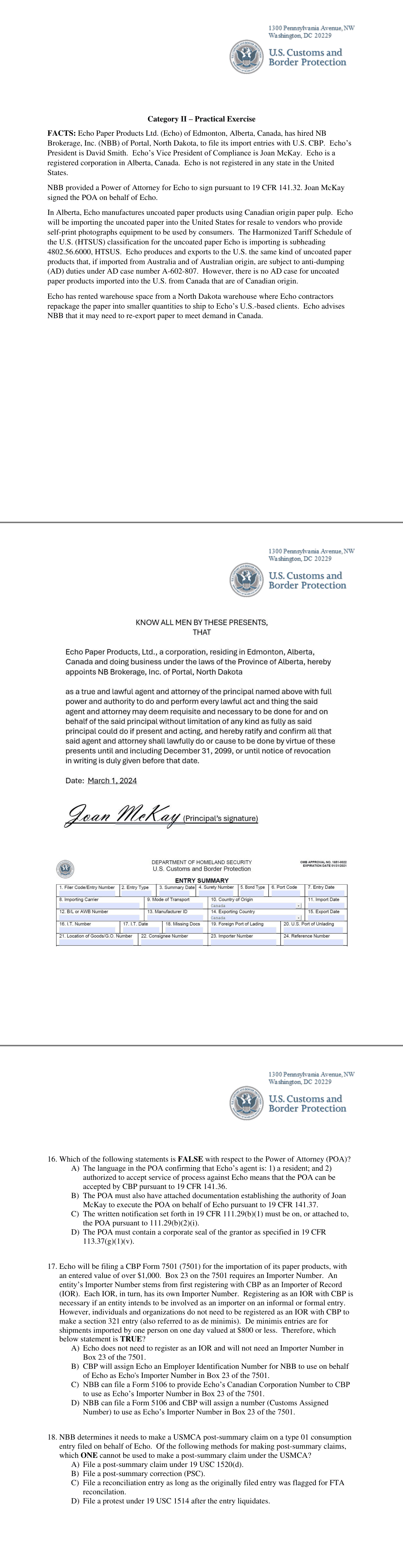 Practical Exercise exhibits: signed power of attorney (Echo Paper Products Ltd. to NB Brokerage, Inc.) and a blank excerpt of CBP Form 7501 Entry Summary; Shared exhibit for Q16-20 on PDF pp.9-10; exported pages: PDF pp.9-11