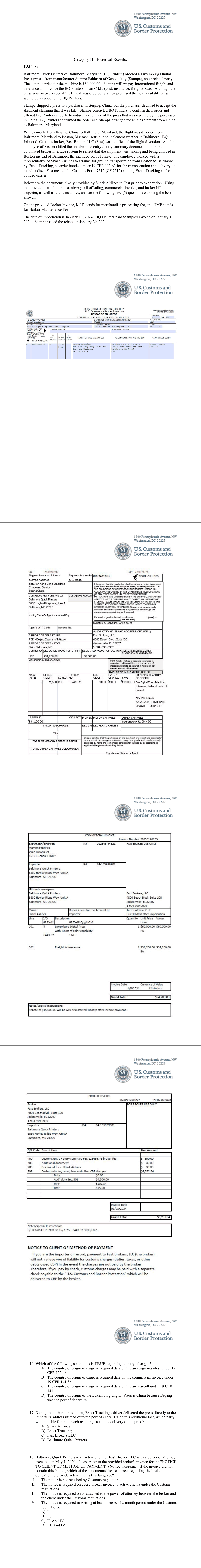 Practical Exercise exhibits: partial air manifest, air waybill, commercial invoice (Stampa Fabbrica) and broker invoice (Fast Broker, LLC); Shared exhibit for Q16-20 on PDF pp.9-13; exported pages: PDF pp.9-14