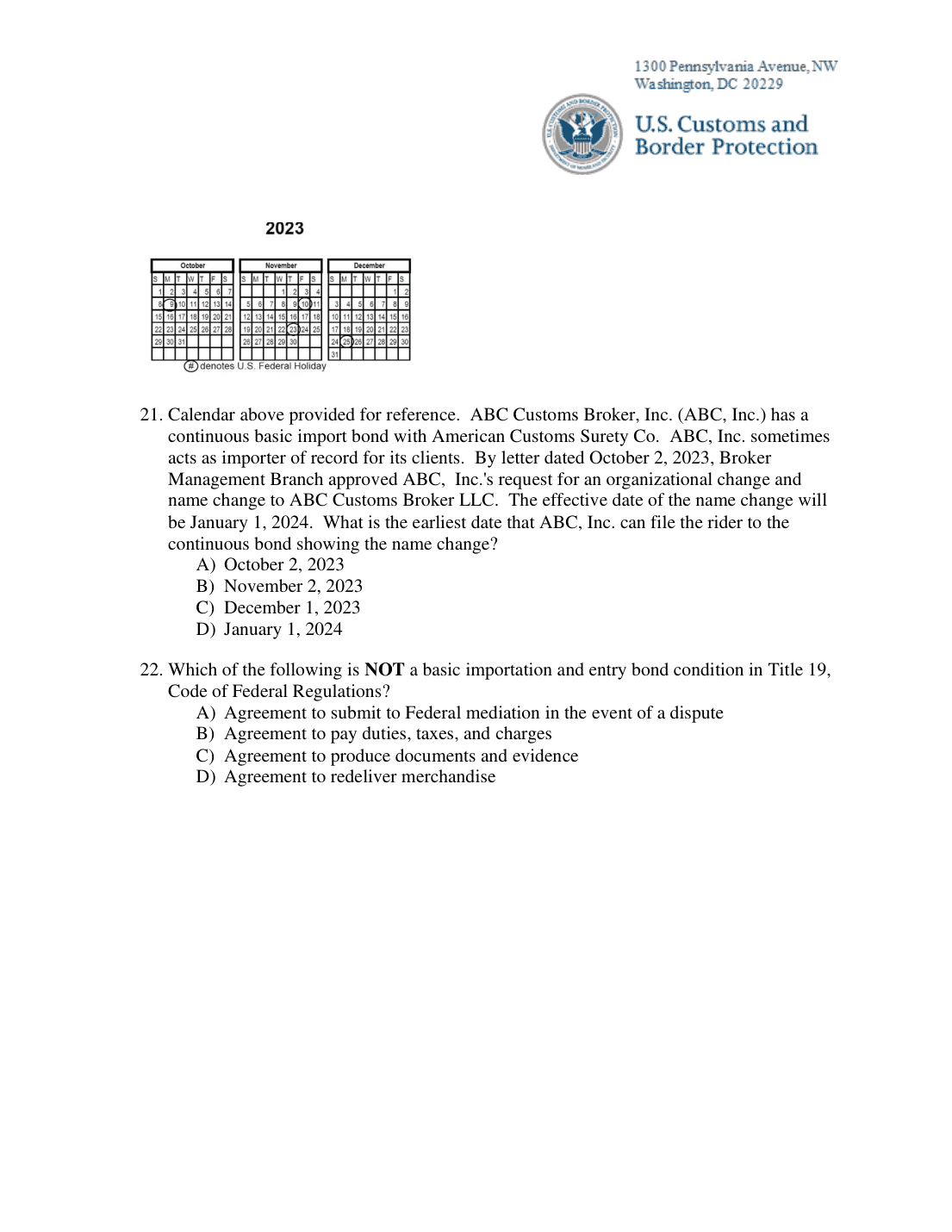 Calendar for October-December 2023 with U.S. federal holidays marked (printed above the question); image in question on PDF p.10; exported pages: PDF p.10